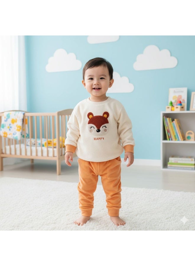 Funny Bunny Infant Pajamas Set with Fox Design, Cream and Orange, Long Sleeve, 80% Cotton 20% Polyester, Unisex Baby Sleepwear